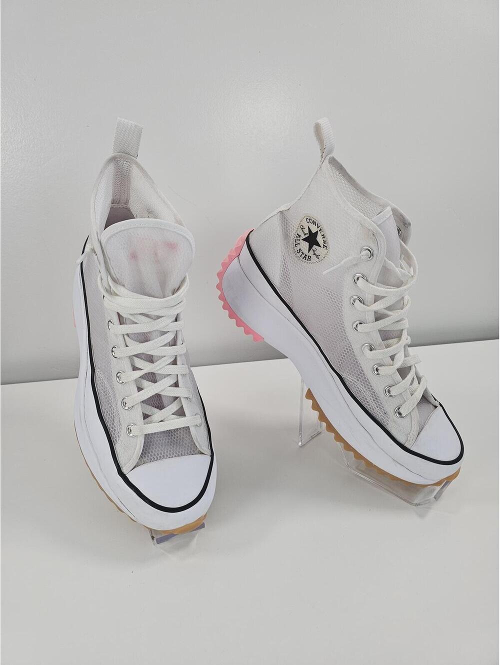 Converse All Star White Mesh Platform High Top Sneakers with Pink Detail